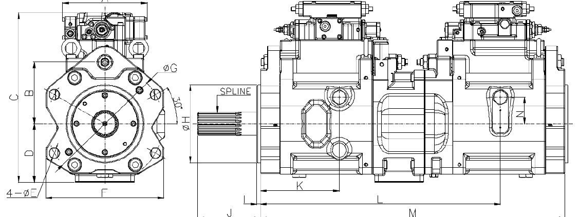 Caterpillar 350B 385B hydraulic pump dimension drawing