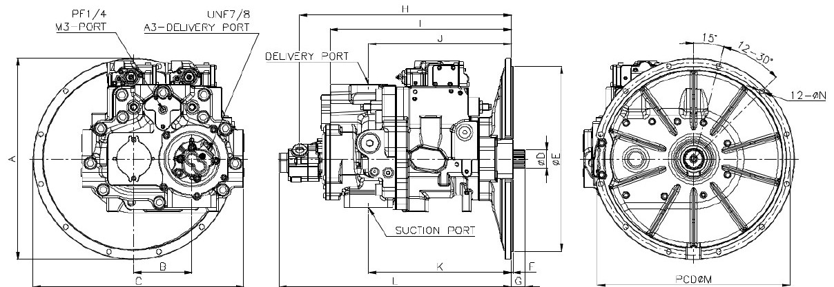Caterpillar H5V200DPHC hydraulic pump dimension drawing