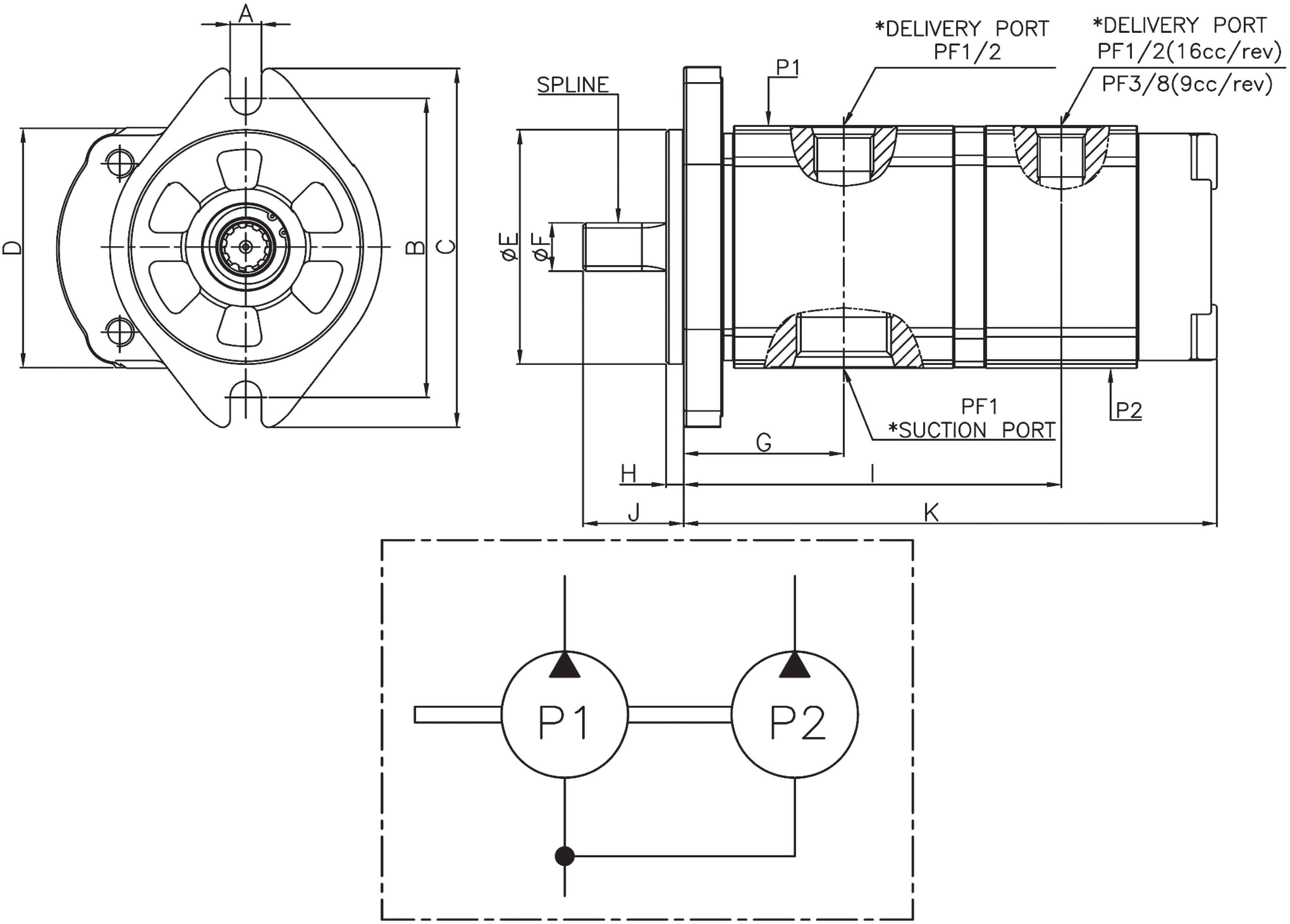 Double Gear Pump for H3V DTP Main Pumps dimension drawing