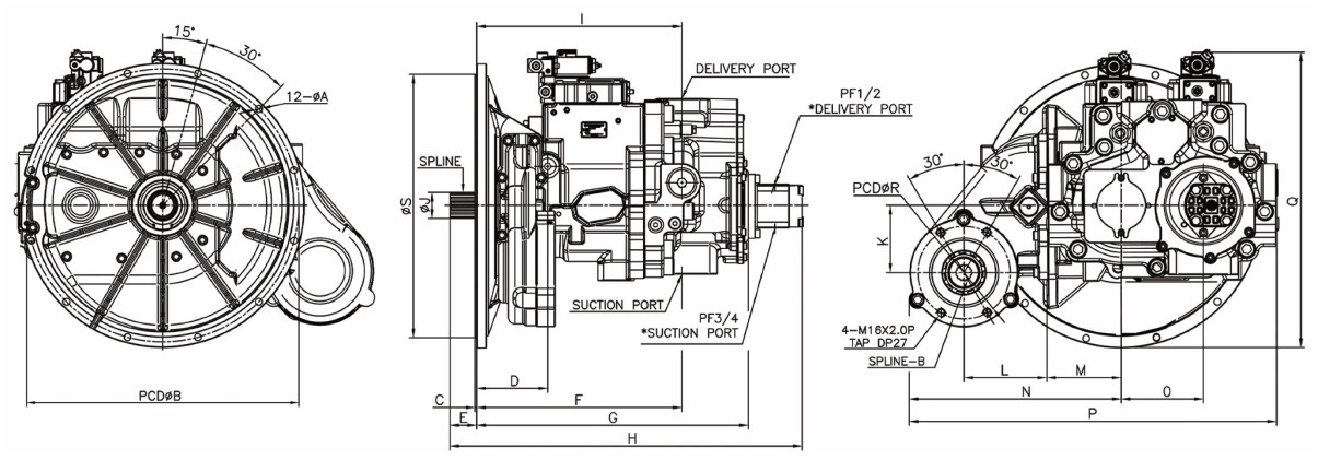 Hitachi H5V200DPH hydraulic pump dimension drawing