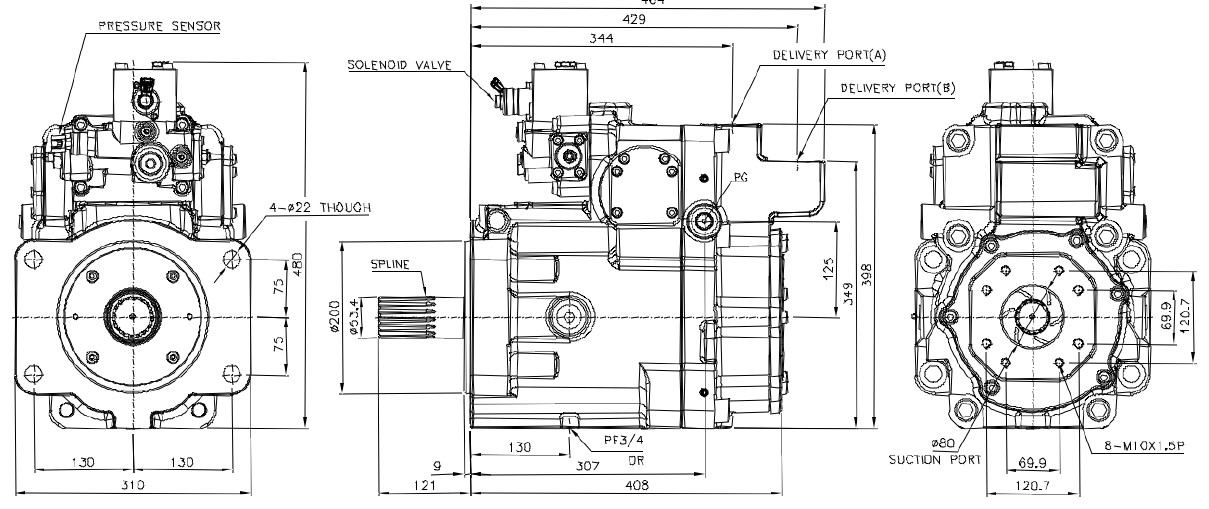 Hitachi HPK300 hydraulic pump dimension drawing