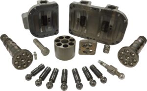 Hitachi HPVO102/118/119 & HPVO145 triple Hydraulic Pump Parts — valve plates, drive shafts, pistons, servo pistons and rotors