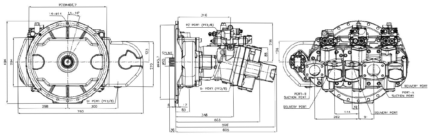 Hitachi HPVO145 hydraulic pump dimension drawing