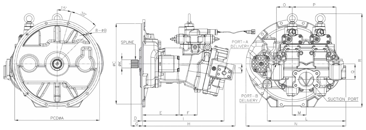 John Deere HPVO102 hydraulic pump dimension drawing