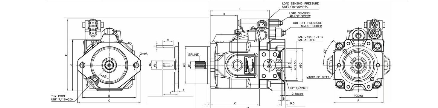 Kawasaki H3VL18 / H3VL28 hydraulic pump dimension drawing