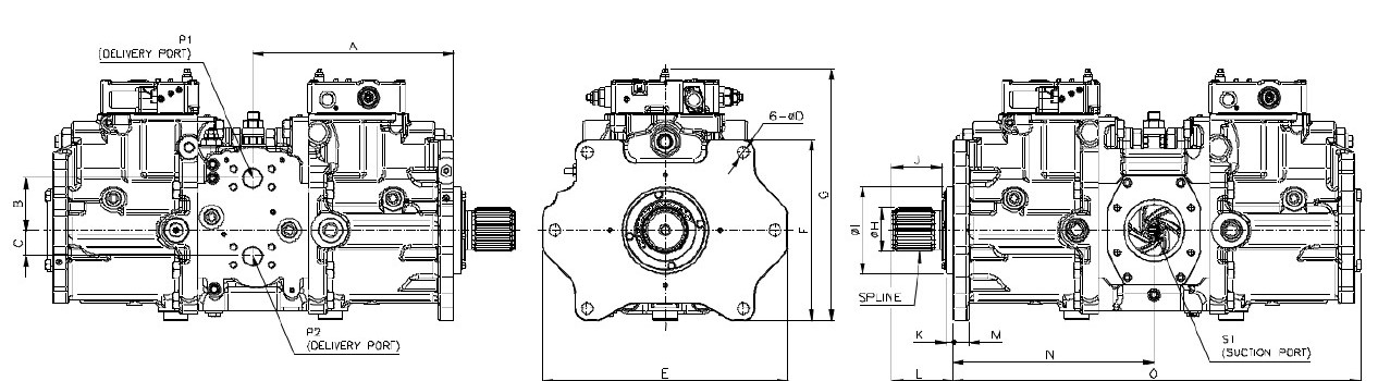 Komatsu HPV375 hydraulic pump dimension drawing